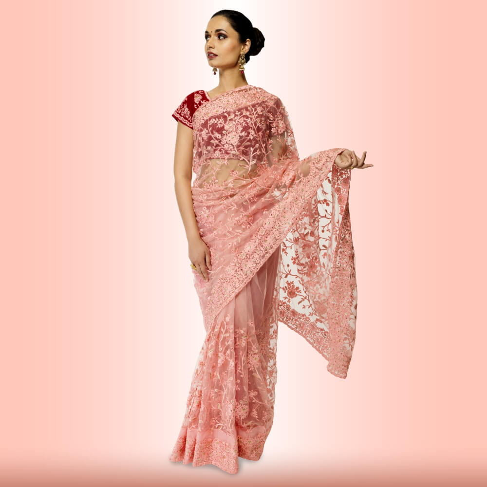 Buy Light Peach Net Wedding Wear Saree Online - SARV04841 | Andaaz Fashion